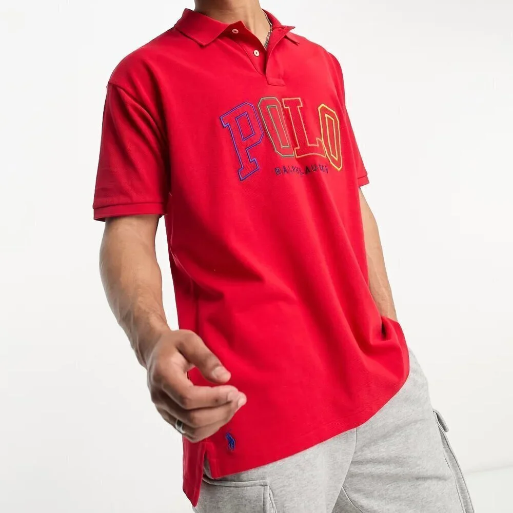 Polo Ralph Lauren Men's Red Multi Logo Classic Fit Pique Polo Shirt Size M